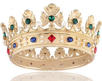 Vintage koninklijke koningskroon | Ronde gouden middeleeuwse koninklijke kroon | Gouden kroon voor mannenhaar | Ronde gouden heren bruiloftskroon | Echtgenoot cadeau