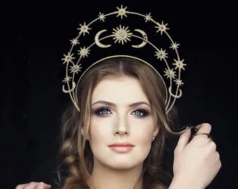 Celestial Moon and Stars Tiara With Earrings | Angel Crown Gold Halo Crown | Halo Silver Crown | Gothic Headdress | Gold star headpiece