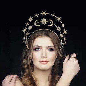 Celestial Moon and Stars Tiara With Earrings | Angel Crown Gold Halo Crown | Halo Silver Crown | Gothic Headdress | Gold star headpiece