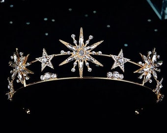 Oro Plata Estrellas Cristal Rhinestone Tiara / Tiara nupcial de boda / Diadema estrella / Accesorios para el cabello de las mujeres / Tiara nupcial celestial / Regalo