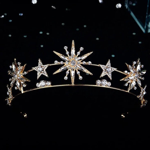 Gold Silver Stars Crystal Rhinestone Tiara | Wedding Bridal Tiara | Star Headband | Women Hair Accessories | Celestial bridal Tiara | Gift