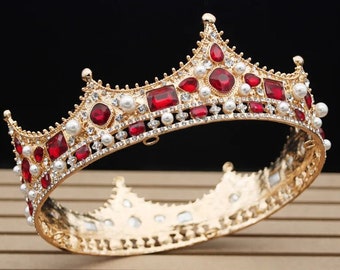 Couronne pour homme pleine ronde | Couronnes royales en bronze pour homme | Couronne de bal d'anniversaire d'Halloween de fête de mariage | Couronne de roi en or rouge et or blanc