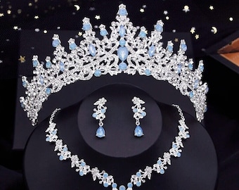 Ensemble de boucles d'oreilles collier diadème goutte d'eau | Ensemble de bijoux de mariée | Mariage Vert Rose Bleu Argent Or Cristal Tiara Ensemble | Ensemble de diadème en cristal opale