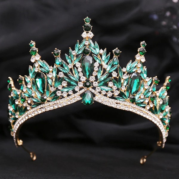 Green Crystal Water Drop Tiara | Gold Silver White Blue Red Bridal Wedding Crystal Tiara | Bridal Headpiece | Princess Queen Crown tiara