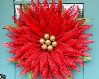 Poinsettia Christmas wreath | Poinsettia holiday decor | Christmas flower wreath. | Country Farmhouse Decor