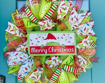 Green monster | lighted led battery powered grinch wreath | Christmas decor | you’re a mean one | glow in the dark | whimsical
