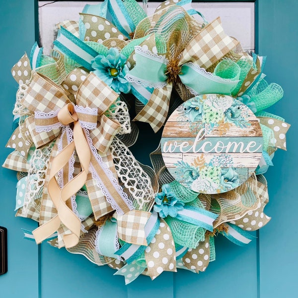 Country welcome wreath | turquoise mint burlap beige | front door decor | Mother’s Day gift | gifts for her | country farmhouse rustic