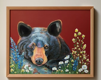黒クマのファインアートプリント｜オリジナルアクリル画｜クマと花のアート｜自然アート｜壁飾り｜キャビンアート｜ジクレープリント 8x10｜野生動物プリント