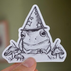 Può includere: Un adesivo in bianco e nero con un'illustrazione stravagante di una rana con un cappello da mago ornato di stelle. La rana è circondata da funghi, creando un tema forestale magico. L'adesivo è tenuto da una mano.