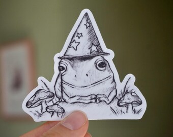 Sticker grenouille sorcier | Sticker douillet | Sticker grenouille mignon | Sticker champignon | Noyau de sorcière | Fantastique | autocollant illustré | Sticker pour ordinateur portable