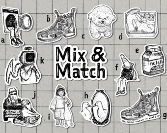 Mix & Match Stickers | Matte Vinyl Sticker | Charcoal Art | Cool Sticker | Illustrated Sticker | Laptop Sticker | Moody Monochrome | Grunge