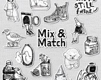 Mix en match-stickers | Mat vinylsticker | Houtskool | Coole stickers | Geïllustreerde sticker | Laptopsticker | Zwart-wit | Grillig | Leuk