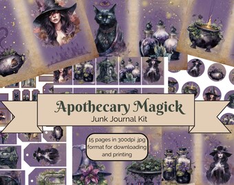 Op de afbeelding: Een digitale junk journal kit met een paars en zwart kleurenschema. De kit bevat afbeeldingen van heksen, drankjes en andere magische elementen. De tekst "Apothecary Magick Junk Journal Kit" wordt in het midden van de afbeelding weergegeven. De tekst "15 pagina's in 300dpi jpg-formaat om te downloaden en af te drukken" wordt in het midden onderaan de afbeelding weergegeven.