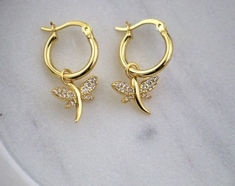 18k Gold Dragonfly Earrings – Sterling Silver Hoop, Handmade