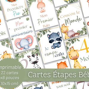 May include: A collection of baby milestone cards with watercolor illustrations of animals and text in French. The cards are rectangular, with a green banner at the bottom that reads "Cartes Étapes Bébé". Each card features a different milestone, such as "My First Steps".