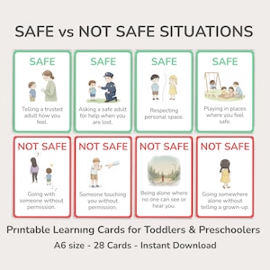 Może przedstawiać: Drukowane karty edukacyjne dla małych dzieci i przedszkolaków, ilustrujące sytuacje bezpieczne i niebezpieczne. Karty zawierają tekst i ilustracje, z frazami takimi jak "Mówienie zaufanej osobie dorosłej, jak się czujesz" i "Pójście z kimś bez pozwolenia."