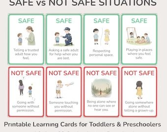 May include: Educational printable cards for toddlers and preschoolers. The cards are divided into safe and not safe situations, with illustrations and text. The text on the cards includes phrases like "Telling a trusted adult how you feel" and "Going with someone without permission."