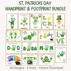 Puede incluir: Una colección de impresiones artísticas con huellas de manos y pies con temática del Día de San Patricio. Las impresiones presentan huellas de manos y pies verdes, tréboles, duendes y las palabras "Lucky" y "Love". El texto "St. Patrick's Day Handprint & Footprint Bundle" está en la parte superior.