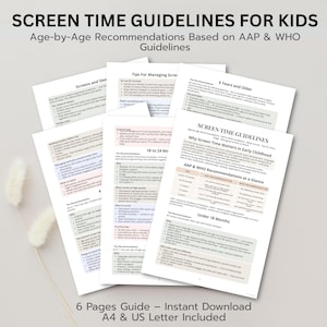 May include: A six-page informational guide titled Screen Time Guidelines for Kids, featuring age-by-age recommendations based on AAP and WHO guidelines. The printed documents include sections on managing screen time, sleep, and developmental stages for children.