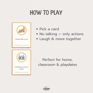 Op de afbeelding: Een beige kaartspel met de tekst "HOW TO PLAY" bovenaan. Het spel bevat kaarten met illustraties en instructies zoals "Stretch like a cat" en "Pretend You Are a Robot". De tekst "Perfect for home, classroom & playdates" is ook opgenomen.