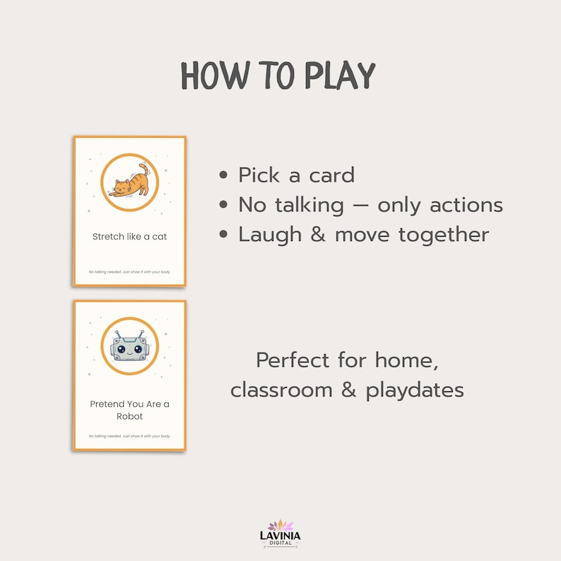 Op de afbeelding: Een beige kaartspel met de tekst "HOW TO PLAY" bovenaan. Het spel bevat kaarten met illustraties en instructies zoals "Stretch like a cat" en "Pretend You Are a Robot". De tekst "Perfect for home, classroom & playdates" is ook opgenomen.