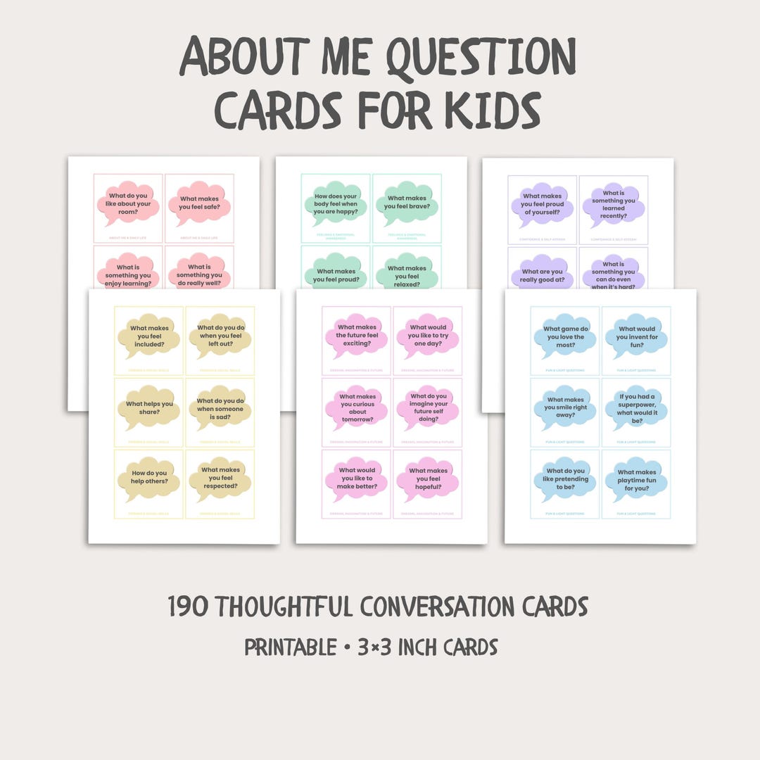 About Me Question Cards for Kids | 190 Printable Self Awareness ...