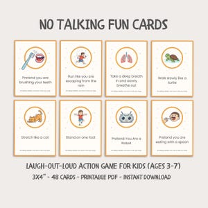 Op de afbeelding: Een set van acht ge&iuml;llustreerde kaarten met de titel "NO TALKING FUN CARDS". Elke kaart toont een andere actie, zoals "tanden poetsen" of "doe alsof je een robot bent". De kaarten zijn 7,6 x 10,2 cm en een printbare PDF.