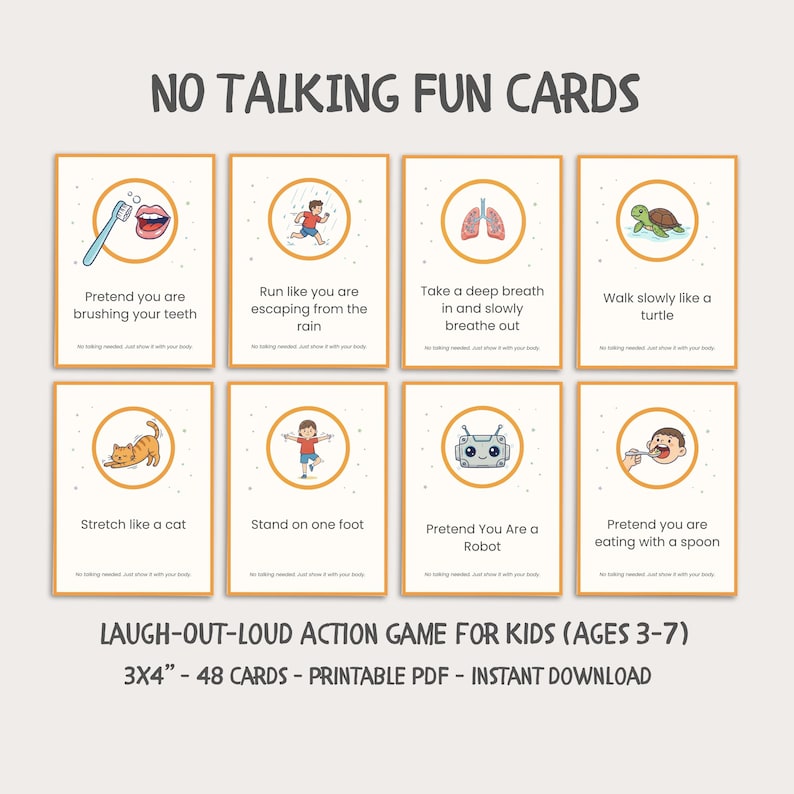 Op de afbeelding: Een set van acht ge&iuml;llustreerde kaarten met de titel "NO TALKING FUN CARDS". Elke kaart toont een andere actie, zoals "tanden poetsen" of "doe alsof je een robot bent". De kaarten zijn 7,6 x 10,2 cm en een printbare PDF.