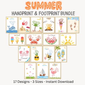 May include: A digital collection titled SUMMER HANDPRINT & FOOTPRINT BUNDLE featuring 17 printable designs. Each page displays colorful illustrations incorporating handprints or footprints to form summer themes like whales, crabs, ice cream, and beach scenes.