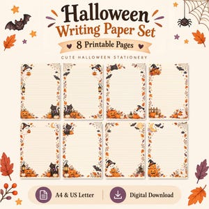 May include: A Halloween Writing Paper Set featuring 8 printable pages with lined stationery. The designs include illustrations of ghosts, black cats, pumpkins, lanterns, and autumn leaves. Text reads: Halloween Writing Paper Set, 8 Printable Pages, CUTE HALLOWEEN STATIONERY, A4 & US Letter, Digital Download.