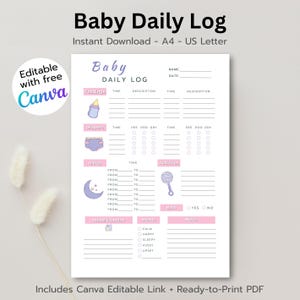 May include: A baby daily log printable with sections for feedings, nappies, sleep, activities, and moods. The log includes the text "Baby Daily Log" and "Instant Download - A4 - US Letter". The log is editable with Canva.