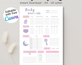 Baby Daily Log Printable | Newborn Daily Tracker | Feeding Sleep Diaper Log | Editable Canva | A4 & US Letter