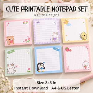 Peut inclure: Un ensemble de six blocs-notes carrés imprimables avec diverses illustrations dont un ours, un lapin, un poussin, un chat et un pingouin. Chaque bloc-notes a une bordure unique, du papier ligné ou quadrillé et mesure 7,62x7,62 cm. Texte : CUTE PRINTABLE NOTEPAD SET.
