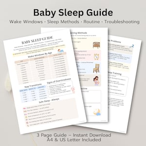 Puede incluir: Una guía de sueño para bebés de tres páginas, con información sobre ventanas de vigilia, métodos de sueño y solución de problemas. La guía incluye gráficos y texto, con el título "Baby Sleep Guide" en la parte superior. Descarga instantánea, A4 y US Letter incluidos.