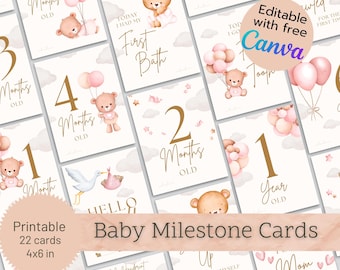 Editable Baby Milestone Cards Canva Template, Monthly Baby Growth, First Bath, First Tooth, Baby Photo Prop, Digital Download