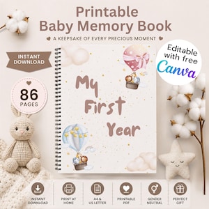 Könnte beinhalten: Ein spiralgebundenes Baby-Erinnerungsbuch mit dem Titel My First Year mit Illustrationen von Heißluftballons und Tieren. Das Cover zeigt goldene Sprenkel, Wolken und Text mit Hinweisen auf 86 Seiten, Sofort-Download und Canva-Bearbeitung.
