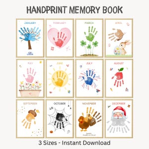 Può includere: Un libro di ricordi con impronte di mani con 12 disegni mensili. Ogni mese presenta un design artistico con impronte di mani, tra cui un albero, un cuore, trifogli, una farfalla, fiori, un sole, fuochi d'artificio, una mela, una ghianda, una ragnatela, un tacchino e Babbo Natale.