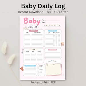 Peut inclure: Un journal quotidien pour bébé rose, imprimable en PDF, avec des sections pour l'alimentation, les couches, le sommeil, les activités et l'humeur. Comprend un espace pour les notes et un calendrier hebdomadaire. Avec des illustrations d'ours et le texte "Ready-to-Print PDF."