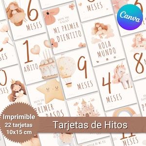 May include: A collection of milestone cards with watercolor illustrations. The cards feature numbers, text, and images of a princess, cake, hot air balloon, and unicorn. The cards are 10x15 cm in size.