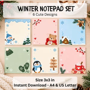May include: A set of six square notepads featuring winter illustrations including a snowman, a bear with a mug, a snowy cabin, green mittens, a penguin with a sign, and a red mug. The text reads WINTER NOTEPAD SET, 6 Cute Designs, Size 3x3 in.