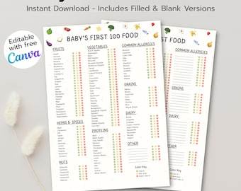 Baby's First Foods Tracker | 100 Foods Chart | Printable PDF