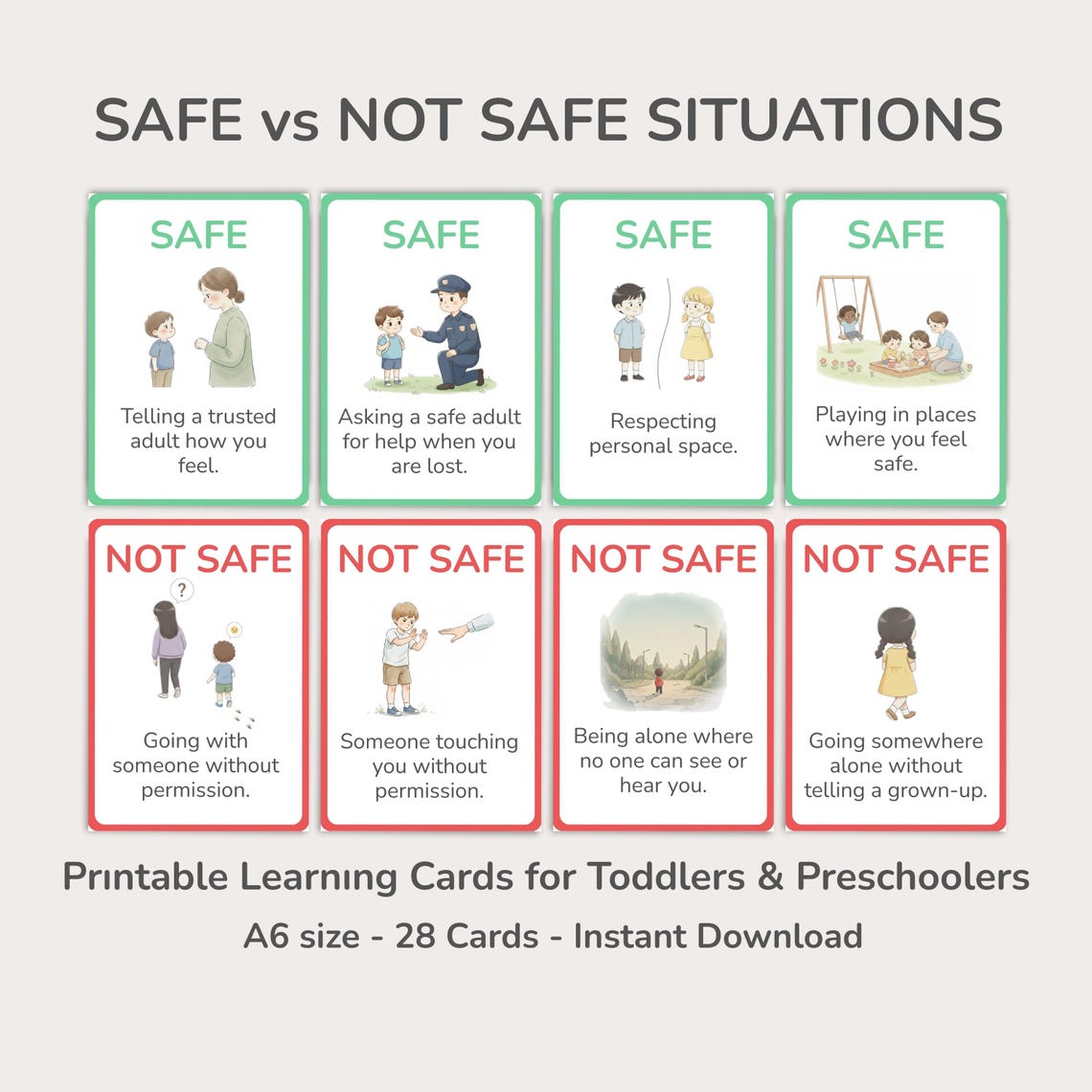 Be Safe Examples Cartoon Safe Vs Not Safe Situations Cards for Kids | Body Safety - Big Feelings ...