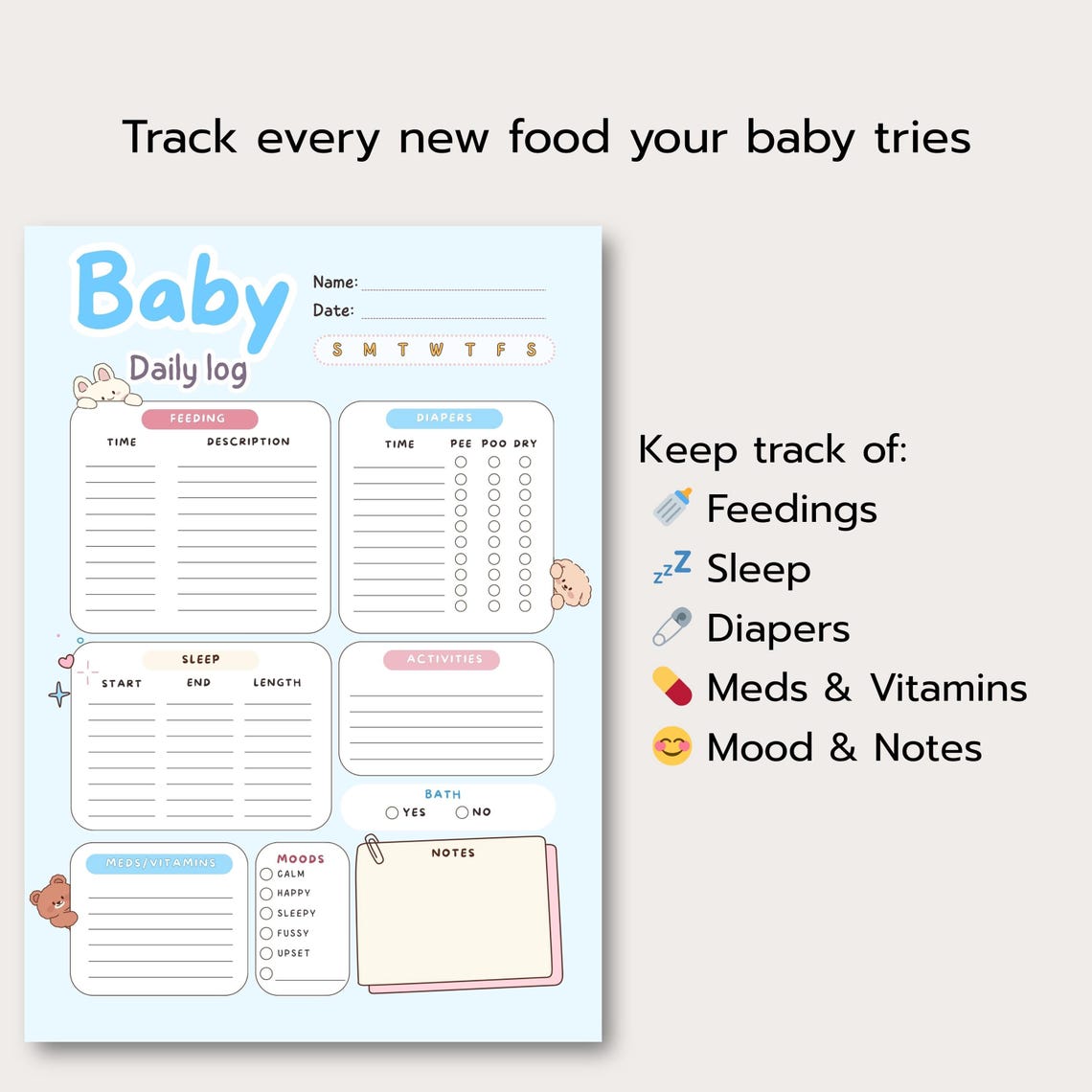 Baby Daily Log Printable Blue, Boy Baby Tracker PDF, Newborn Daily Log ...