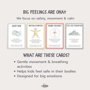 Może przedstawiać: Cztery ilustrowane karty z tekstem "BIG FEELINGS ARE OKAY" i "We focus on safety, movement & calm." Każda karta przedstawia inną aktywność: Quiet Hum, Resting Starfish, Thank You Body i Still Like a Mountain. Karty przeznaczone są do delikatnych ćwiczeń ruchowych i oddechowych.