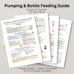 May include: A guide titled "Pumping & Bottle Feeding Guide" for new mothers. The guide includes information on pumping, types of breast pumps, and flange size matters. The guide is available as a 4-page instant download, A4 & US Letter included.