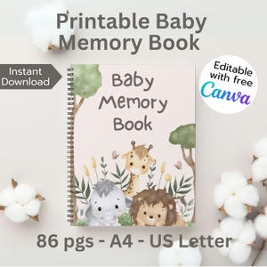 Puede incluir: Un libro de recuerdos para bebés imprimible con encuadernación en espiral. La portada presenta ilustraciones de una jirafa, un elefante y un león. El libro incluye el texto "Baby Memory Book" y "86 pgs - A4 - US Letter".