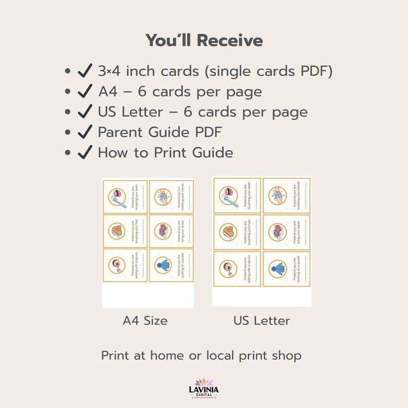 Op de afbeelding: Digitale printbare kaarten met illustraties over hygi&euml;ne, waaronder tandenpoetsen en handen wassen. De afbeelding toont twee sets kaarten, &eacute;&eacute;n in A4-formaat en de andere in US Letter-formaat. De tekst luidt "You'll Receive" en "Print at home or local print shop."