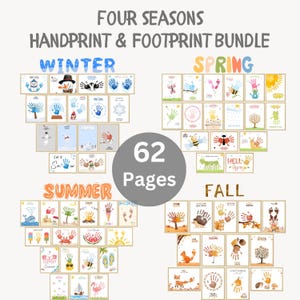 May include: A 62-page Four Seasons Handprint & Footprint Bundle featuring seasonal art templates. The collection includes winter, spring, summer, and fall themes with colorful illustrations of animals, nature, and holiday motifs designed for hand and footprint art.