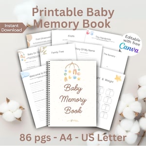 編集可能なベビーメモリーブックCanvaテンプレート、性別を問わないマイルストーンジャーナル、デジタルダウンロード、生後1年の記念品、印刷可能なベビーアルバムPDF