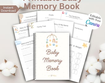 Plantilla editable de Canva para libro de recuerdos de bebé, diario de hitos unisex, descarga digital, recuerdo del primer año, álbum de bebé imprimible en PDF